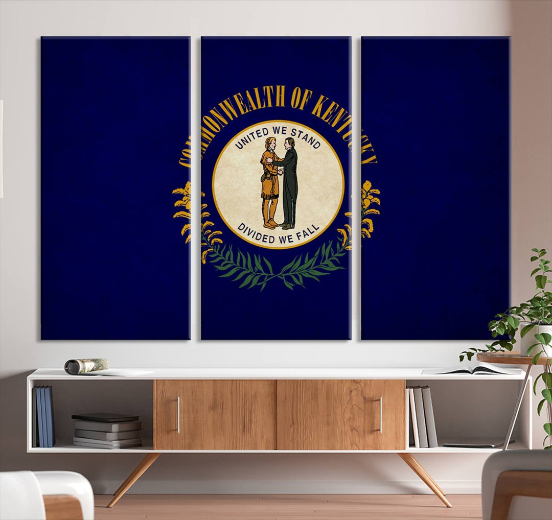 A museum-quality canvas of the Kentucky State Flag Wall Art graces the wall, featuring a UV-protective coating to maintain its vivid colors. Benefit from free shipping on this impressive home decor piece.