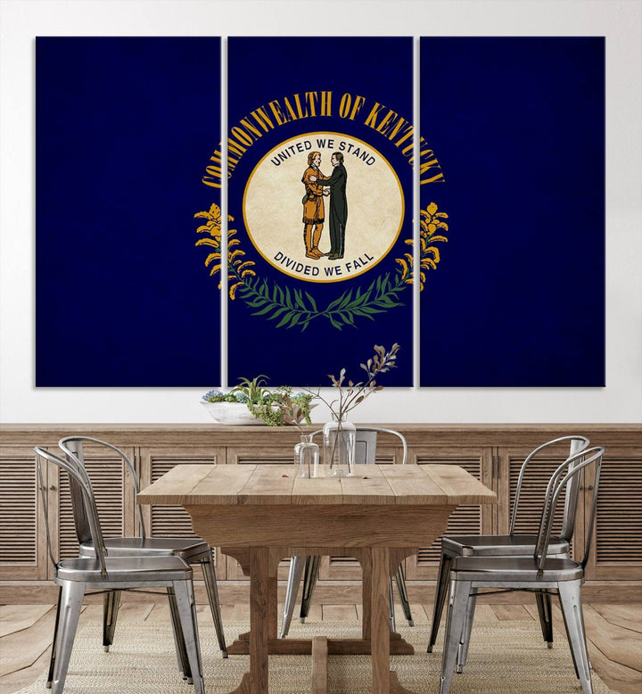 A museum-quality canvas of the Kentucky State Flag Wall Art graces the wall, featuring a UV-protective coating to maintain its vivid colors. Benefit from free shipping on this impressive home decor piece.