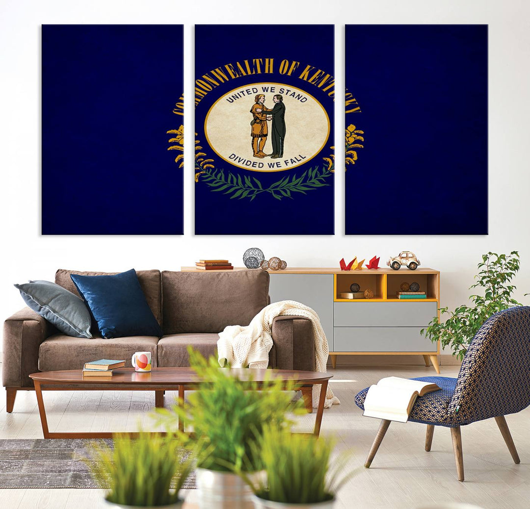 A museum-quality canvas of the Kentucky State Flag Wall Art graces the wall, featuring a UV-protective coating to maintain its vivid colors. Benefit from free shipping on this impressive home decor piece.