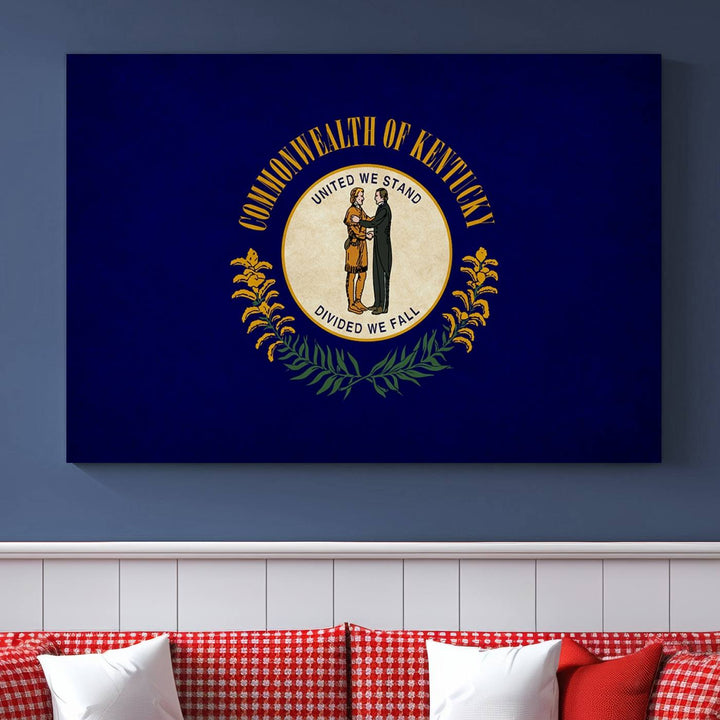 A museum-quality canvas of the Kentucky State Flag Wall Art graces the wall, featuring a UV-protective coating to maintain its vivid colors. Benefit from free shipping on this impressive home decor piece.