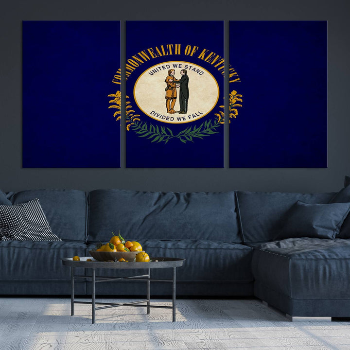 A museum-quality canvas of the Kentucky State Flag Wall Art graces the wall, featuring a UV-protective coating to maintain its vivid colors. Benefit from free shipping on this impressive home decor piece.