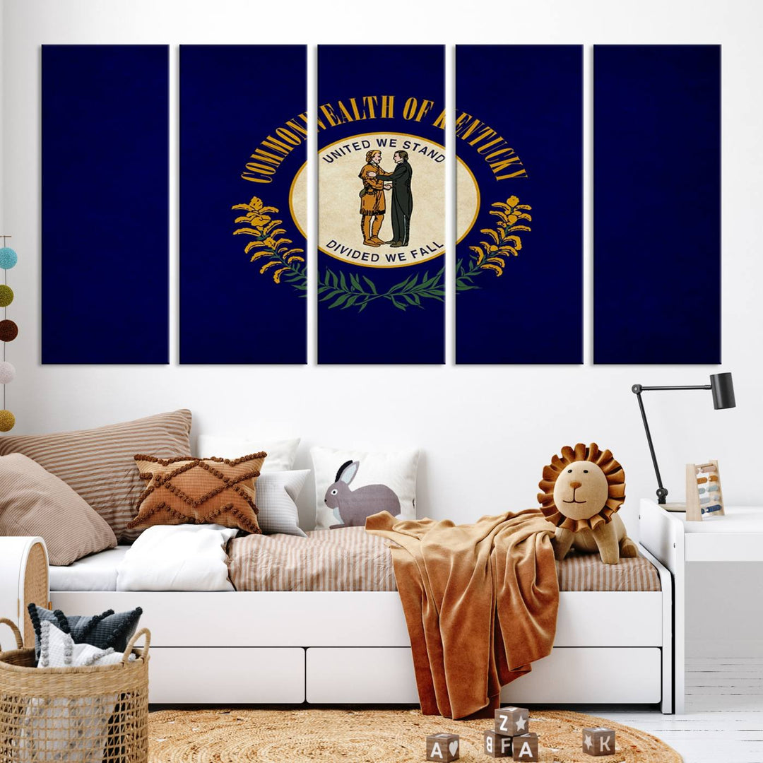 A museum-quality canvas of the Kentucky State Flag Wall Art graces the wall, featuring a UV-protective coating to maintain its vivid colors. Benefit from free shipping on this impressive home decor piece.