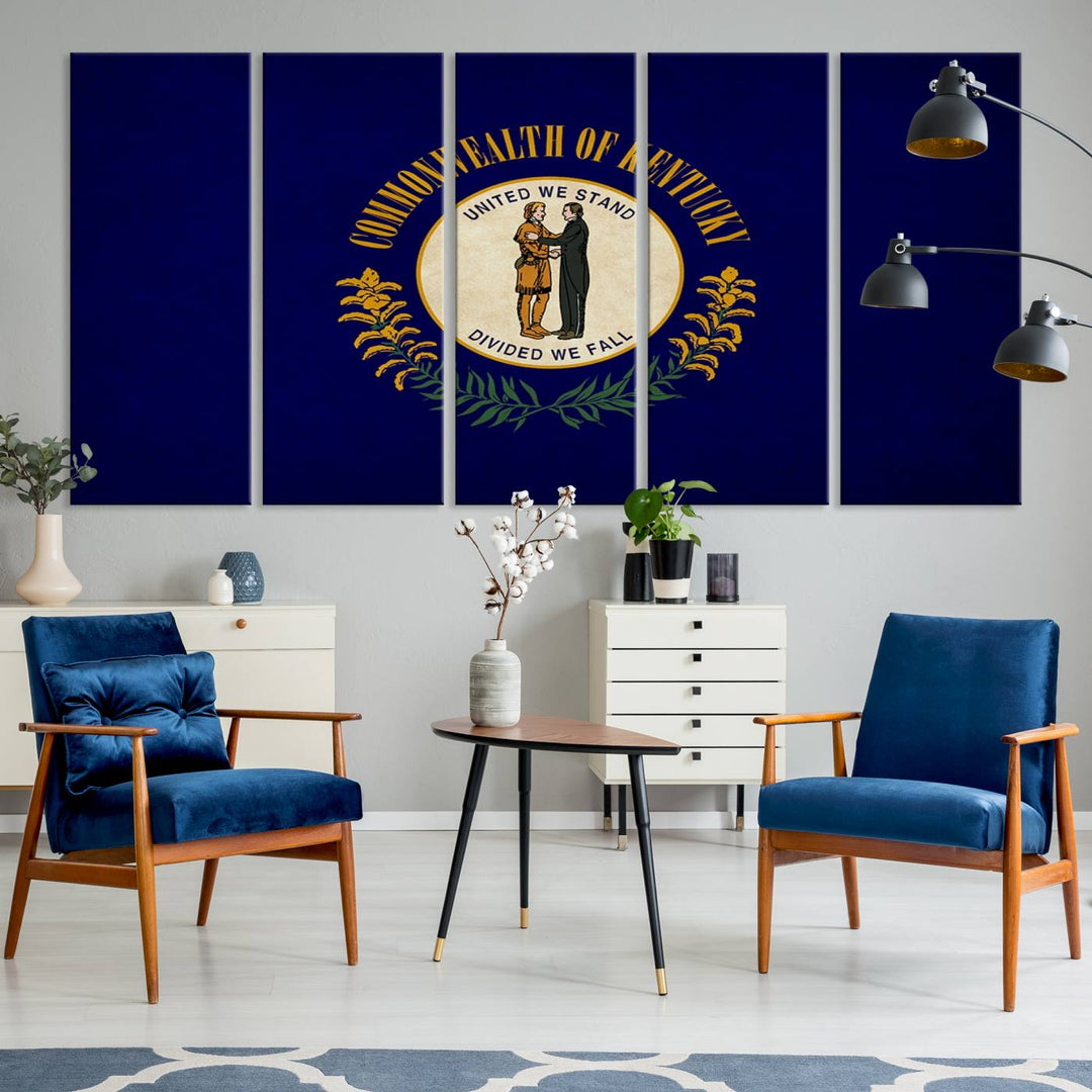 A museum-quality canvas of the Kentucky State Flag Wall Art graces the wall, featuring a UV-protective coating to maintain its vivid colors. Benefit from free shipping on this impressive home decor piece.