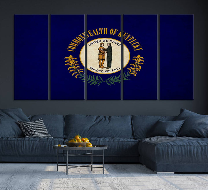 A museum-quality canvas of the Kentucky State Flag Wall Art graces the wall, featuring a UV-protective coating to maintain its vivid colors. Benefit from free shipping on this impressive home decor piece.