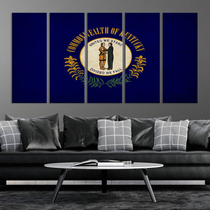 A museum-quality canvas of the Kentucky State Flag Wall Art graces the wall, featuring a UV-protective coating to maintain its vivid colors. Benefit from free shipping on this impressive home decor piece.