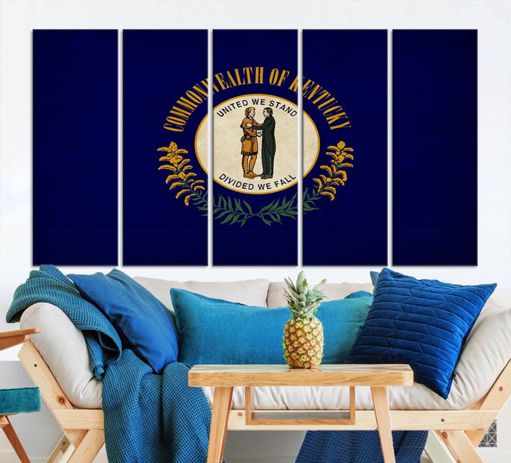 A museum-quality canvas of the Kentucky State Flag Wall Art graces the wall, featuring a UV-protective coating to maintain its vivid colors. Benefit from free shipping on this impressive home decor piece.