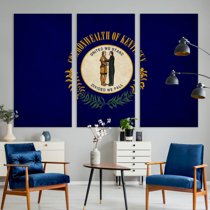 A museum-quality canvas of the Kentucky State Flag Wall Art graces the wall, featuring a UV-protective coating to maintain its vivid colors. Benefit from free shipping on this impressive home decor piece.