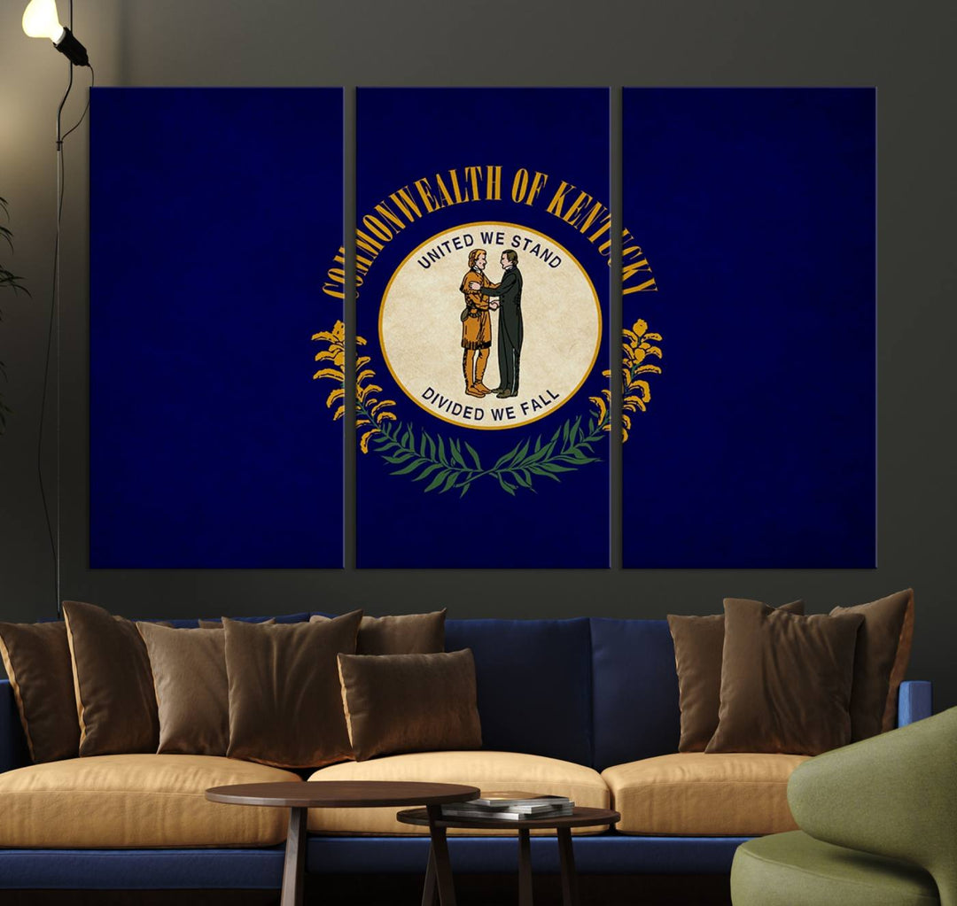 A museum-quality canvas of the Kentucky State Flag Wall Art graces the wall, featuring a UV-protective coating to maintain its vivid colors. Benefit from free shipping on this impressive home decor piece.