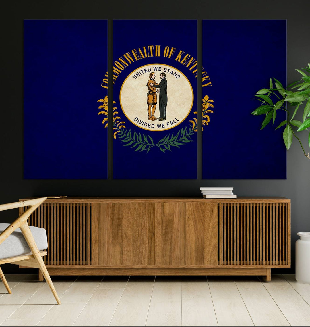 A museum-quality canvas of the Kentucky State Flag Wall Art graces the wall, featuring a UV-protective coating to maintain its vivid colors. Benefit from free shipping on this impressive home decor piece.