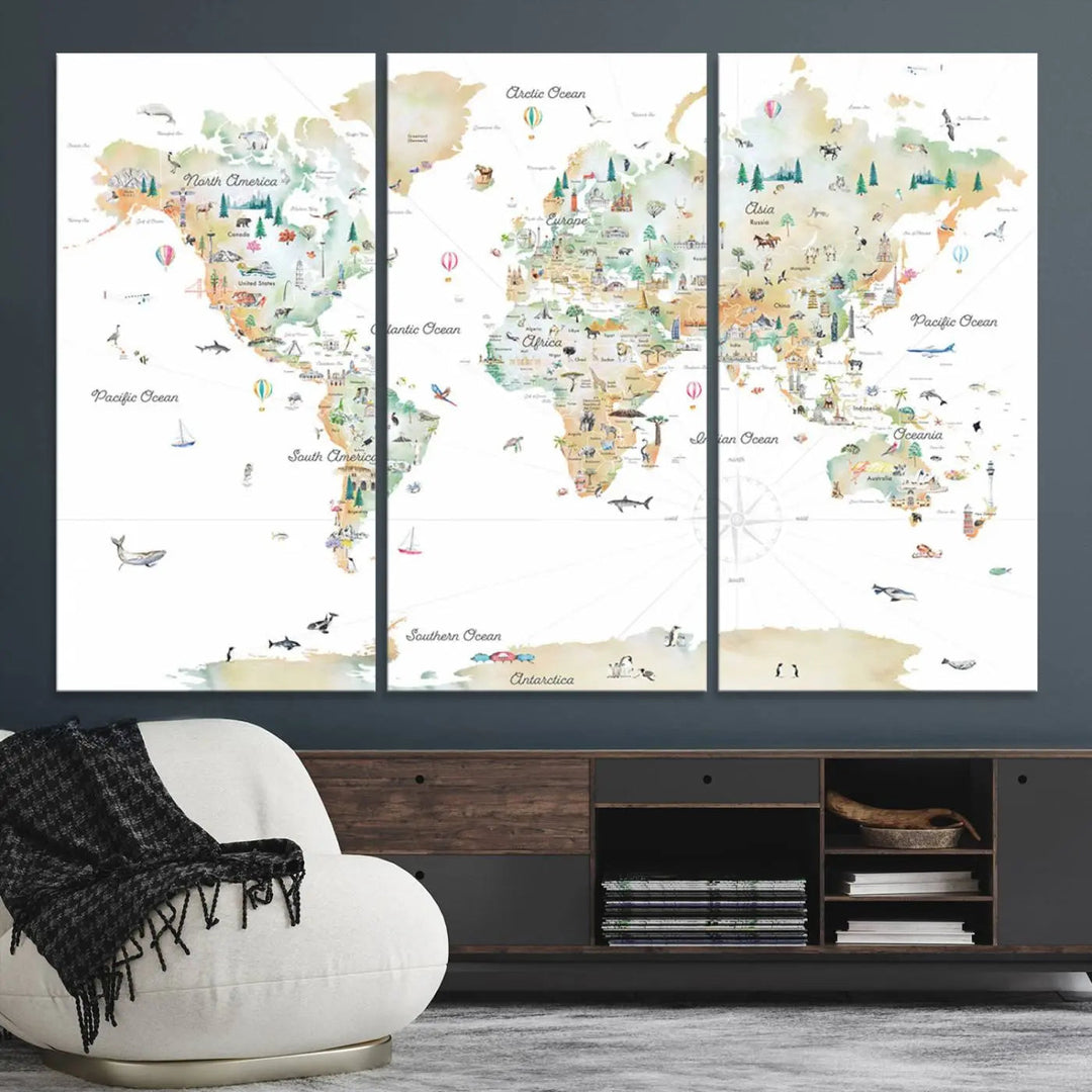 Kids Room World Map Canvas - Animal World Map for Educational Wall Decor - Illustrated Map for Children’s Learning and Playroom Art