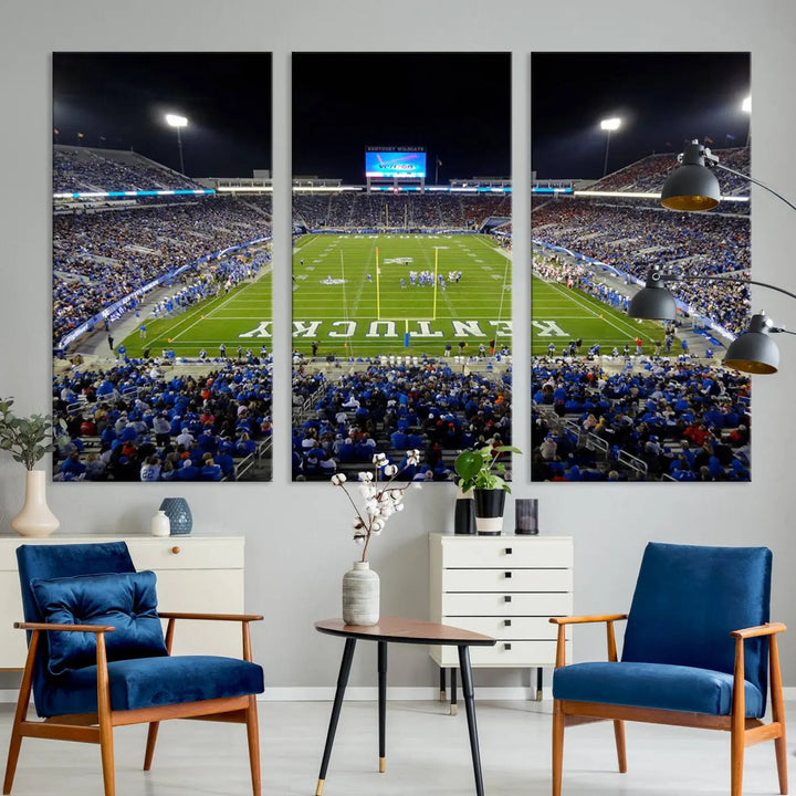 A sunset football game at Kroger Field in Lexington, with Kentucky showcased on the field, transforms into a stunning wall art piece. This premium canvas artwork, handmade in the USA, vividly encapsulates the vibrant energy and excitement of this memorable sports moment.