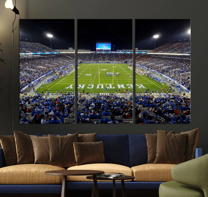 A sunset football game at Kroger Field in Lexington, with Kentucky showcased on the field, transforms into a stunning wall art piece. This premium canvas artwork, handmade in the USA, vividly encapsulates the vibrant energy and excitement of this memorable sports moment.