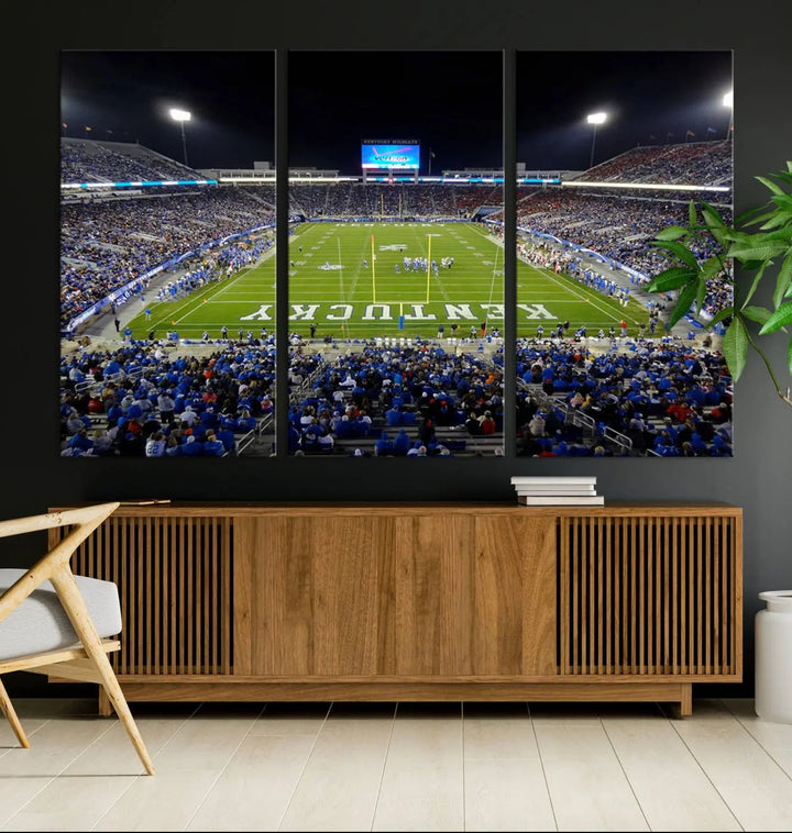 A sunset football game at Kroger Field in Lexington, with Kentucky showcased on the field, transforms into a stunning wall art piece. This premium canvas artwork, handmade in the USA, vividly encapsulates the vibrant energy and excitement of this memorable sports moment.