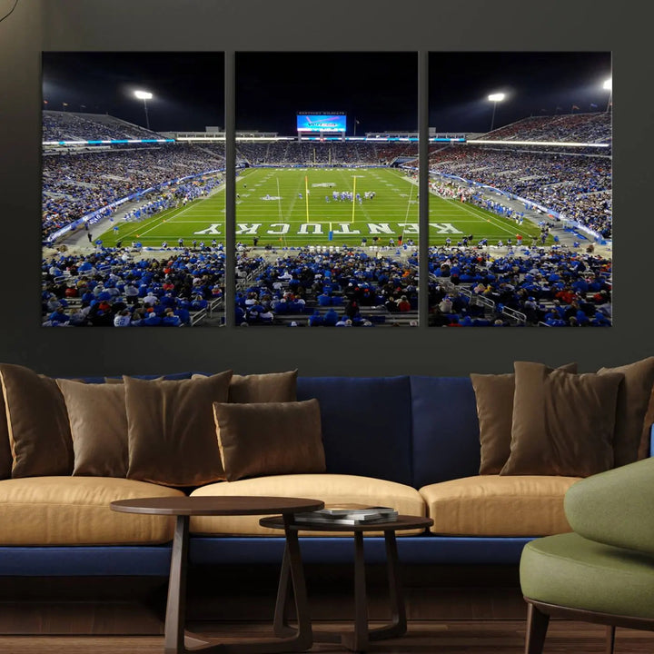 A sunset football game at Kroger Field in Lexington, with Kentucky showcased on the field, transforms into a stunning wall art piece. This premium canvas artwork, handmade in the USA, vividly encapsulates the vibrant energy and excitement of this memorable sports moment.