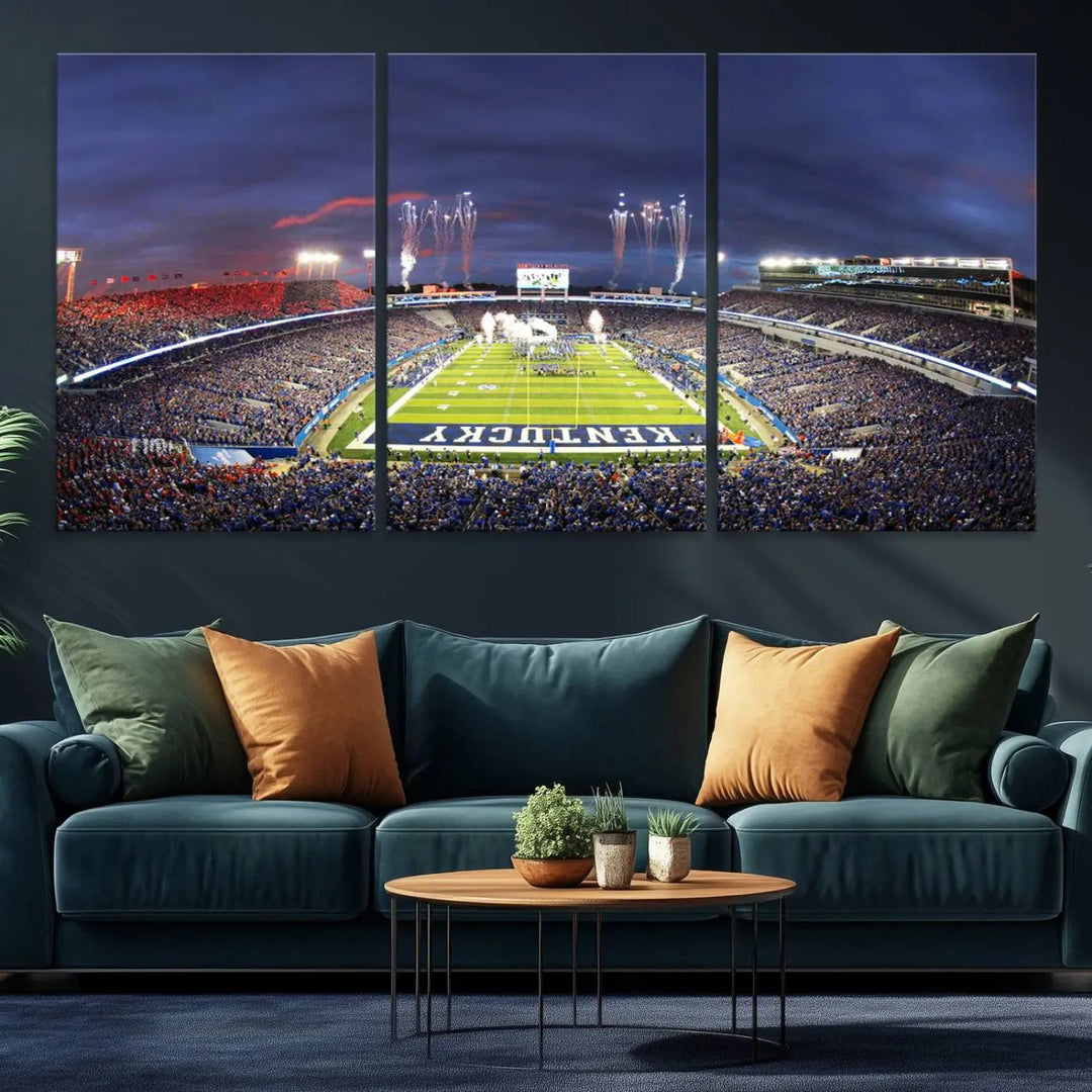 The Kroger Field Canvas Wall Art beautifully captures the thrill of a stadium filled with spectators during a football game, illuminated by fireworks in the evening sky. This handmade piece offers a gallery-quality finish on premium canvas, making it an ideal addition to your home or office.