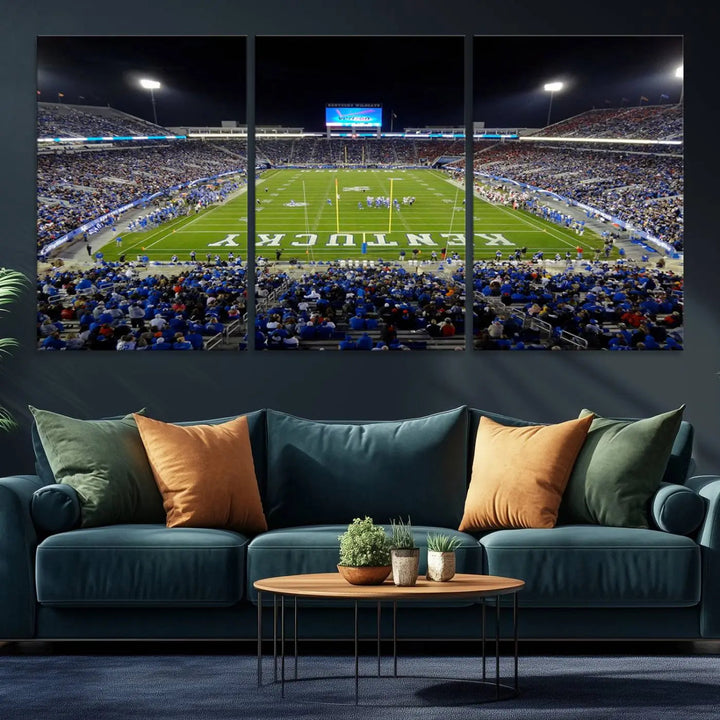 A sunset football game at Kroger Field in Lexington, with Kentucky showcased on the field, transforms into a stunning wall art piece. This premium canvas artwork, handmade in the USA, vividly encapsulates the vibrant energy and excitement of this memorable sports moment.