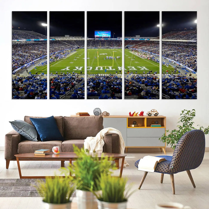 A sunset football game at Kroger Field in Lexington, with Kentucky showcased on the field, transforms into a stunning wall art piece. This premium canvas artwork, handmade in the USA, vividly encapsulates the vibrant energy and excitement of this memorable sports moment.