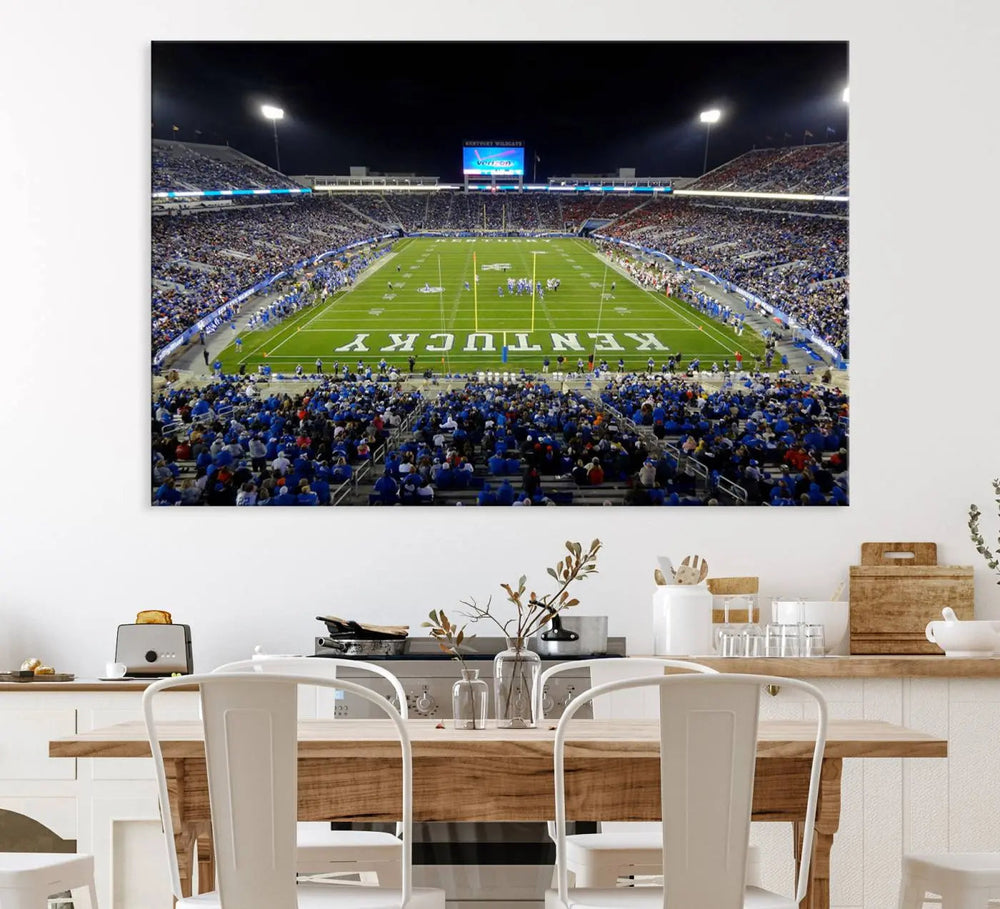 A sunset football game at Kroger Field in Lexington, with Kentucky showcased on the field, transforms into a stunning wall art piece. This premium canvas artwork, handmade in the USA, vividly encapsulates the vibrant energy and excitement of this memorable sports moment.