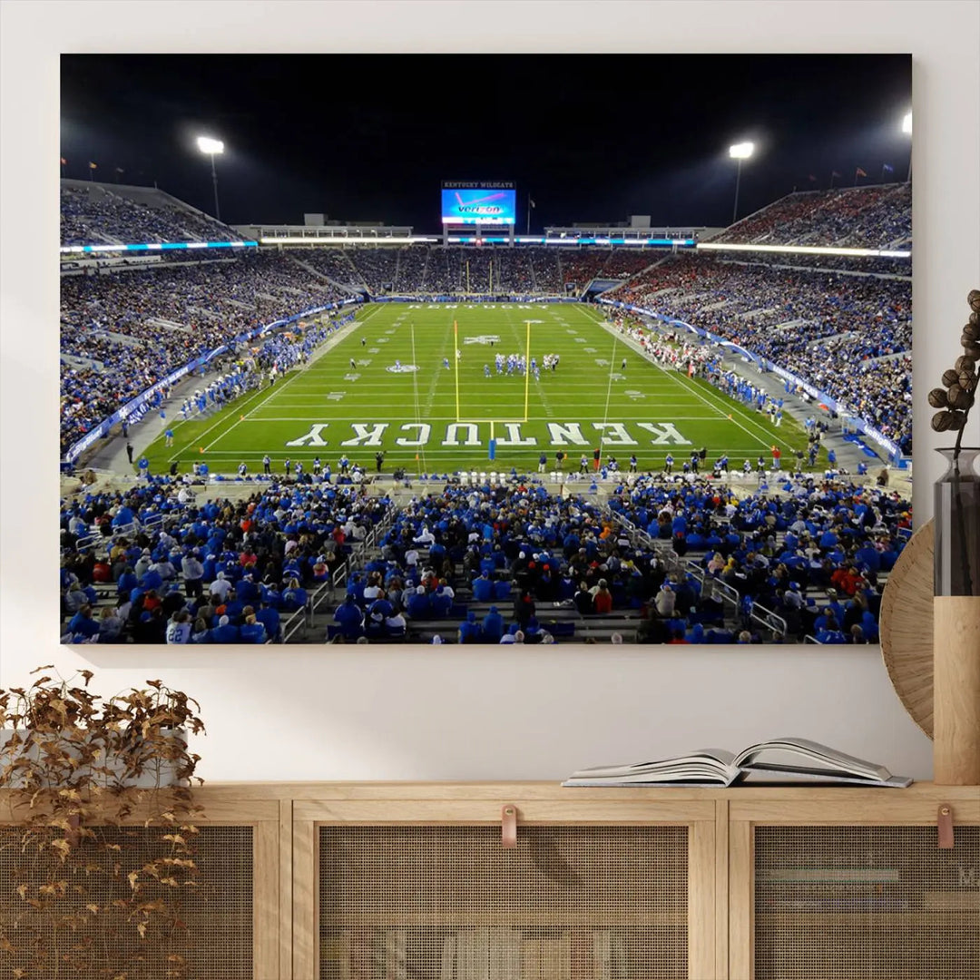 A sunset football game at Kroger Field in Lexington, with Kentucky showcased on the field, transforms into a stunning wall art piece. This premium canvas artwork, handmade in the USA, vividly encapsulates the vibrant energy and excitement of this memorable sports moment.