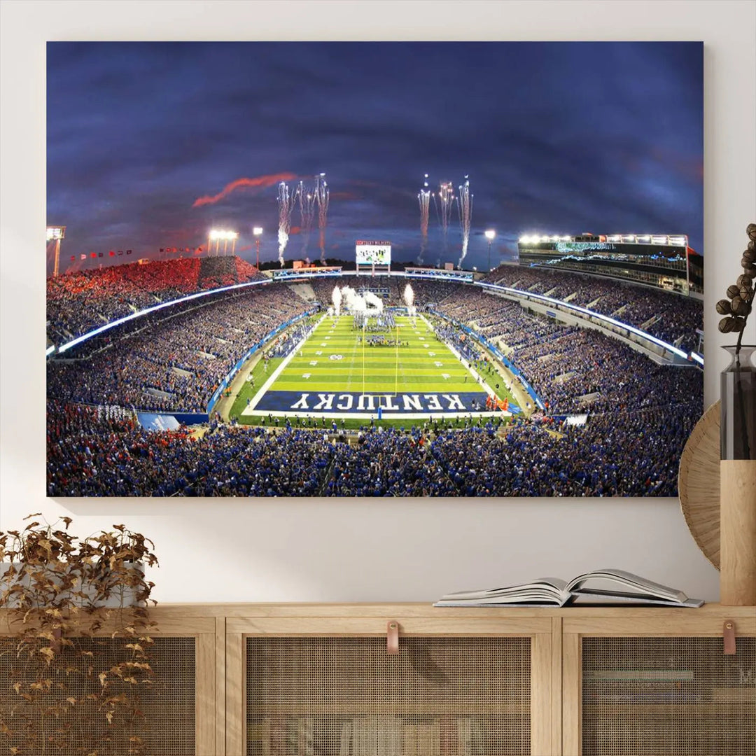 The Kroger Field Canvas Wall Art beautifully captures the thrill of a stadium filled with spectators during a football game, illuminated by fireworks in the evening sky. This handmade piece offers a gallery-quality finish on premium canvas, making it an ideal addition to your home or office.