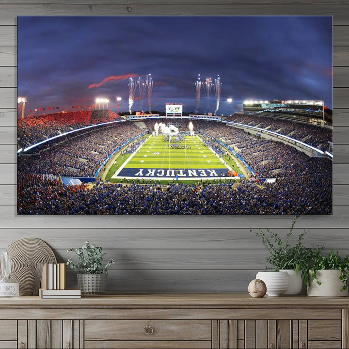 The Kroger Field Canvas Wall Art beautifully captures the thrill of a stadium filled with spectators during a football game, illuminated by fireworks in the evening sky. This handmade piece offers a gallery-quality finish on premium canvas, making it an ideal addition to your home or office.