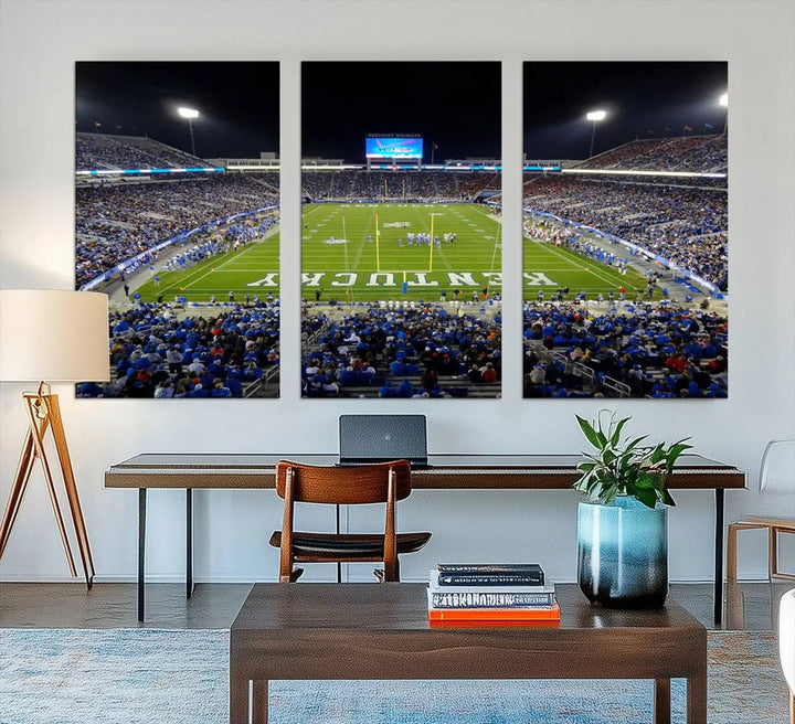 A sunset football game at Kroger Field in Lexington, with Kentucky showcased on the field, transforms into a stunning wall art piece. This premium canvas artwork, handmade in the USA, vividly encapsulates the vibrant energy and excitement of this memorable sports moment.