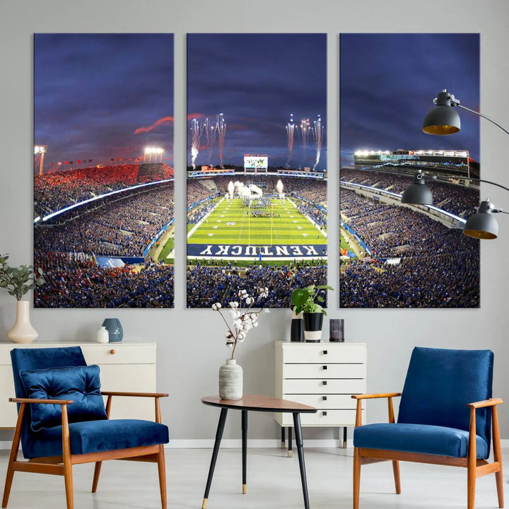 The Kroger Field Canvas Wall Art beautifully captures the thrill of a stadium filled with spectators during a football game, illuminated by fireworks in the evening sky. This handmade piece offers a gallery-quality finish on premium canvas, making it an ideal addition to your home or office.