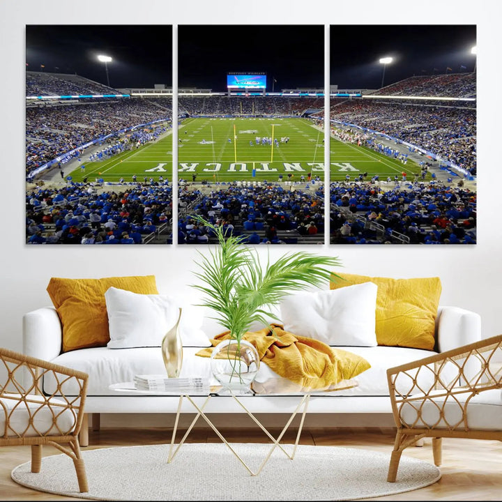 A sunset football game at Kroger Field in Lexington, with Kentucky showcased on the field, transforms into a stunning wall art piece. This premium canvas artwork, handmade in the USA, vividly encapsulates the vibrant energy and excitement of this memorable sports moment.