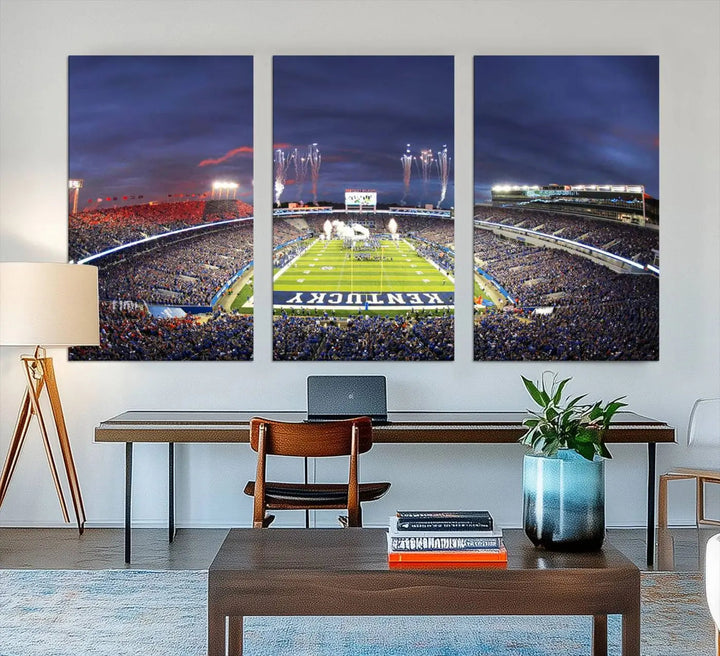 The Kroger Field Canvas Wall Art beautifully captures the thrill of a stadium filled with spectators during a football game, illuminated by fireworks in the evening sky. This handmade piece offers a gallery-quality finish on premium canvas, making it an ideal addition to your home or office.