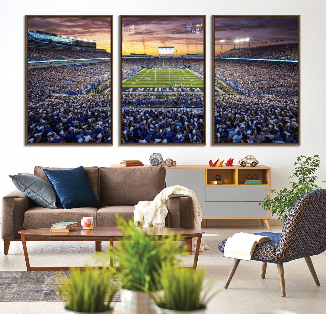 A Kroger Field Wall Art Print showcases Kentucky Stadium at sunset, perfect for Wildcats fans.