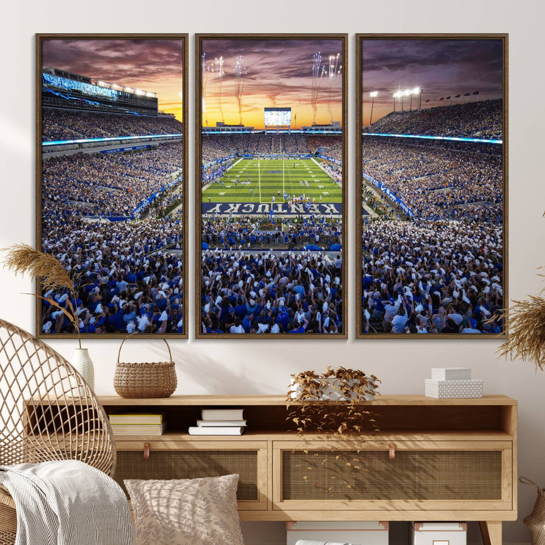 A Kroger Field Wall Art Print showcases Kentucky Stadium at sunset, perfect for Wildcats fans.