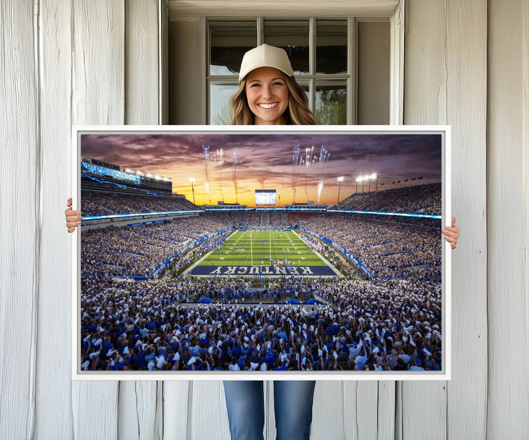 A Kroger Field Wall Art Print showcases Kentucky Stadium at sunset, perfect for Wildcats fans.