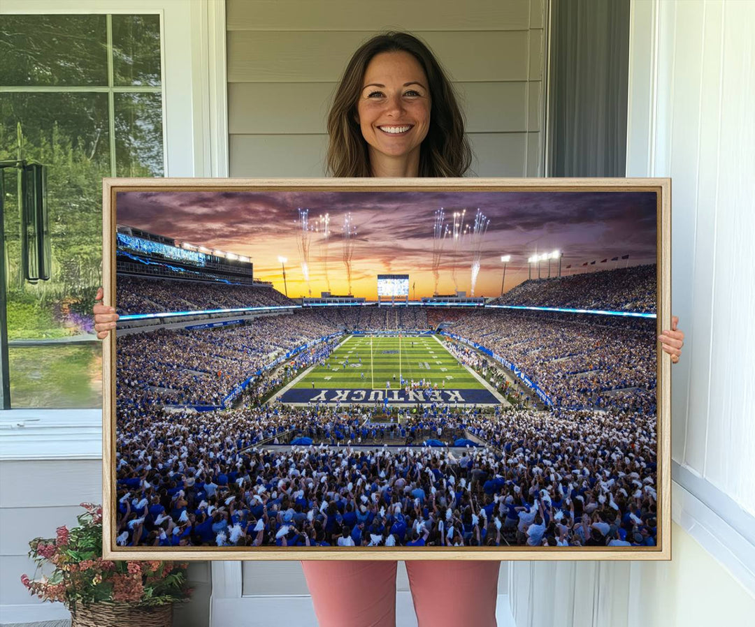 A Kroger Field Wall Art Print showcases Kentucky Stadium at sunset, perfect for Wildcats fans.