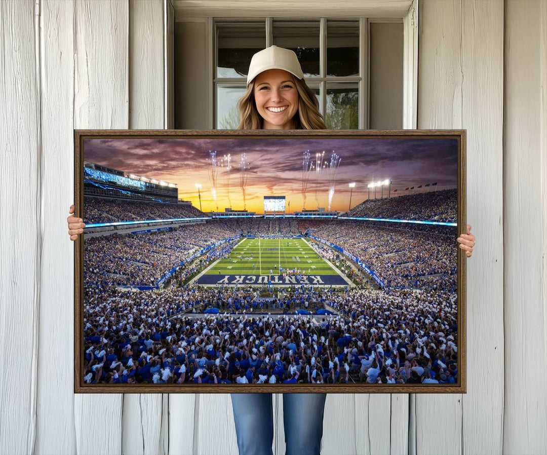 A Kroger Field Wall Art Print showcases Kentucky Stadium at sunset, perfect for Wildcats fans.