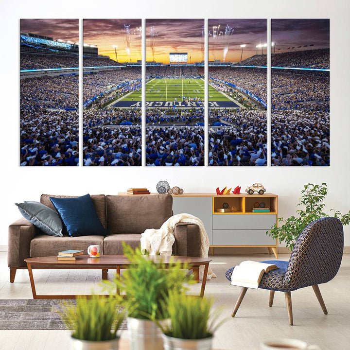 A Kroger Field Wall Art Print showcases Kentucky Stadium at sunset, perfect for Wildcats fans.