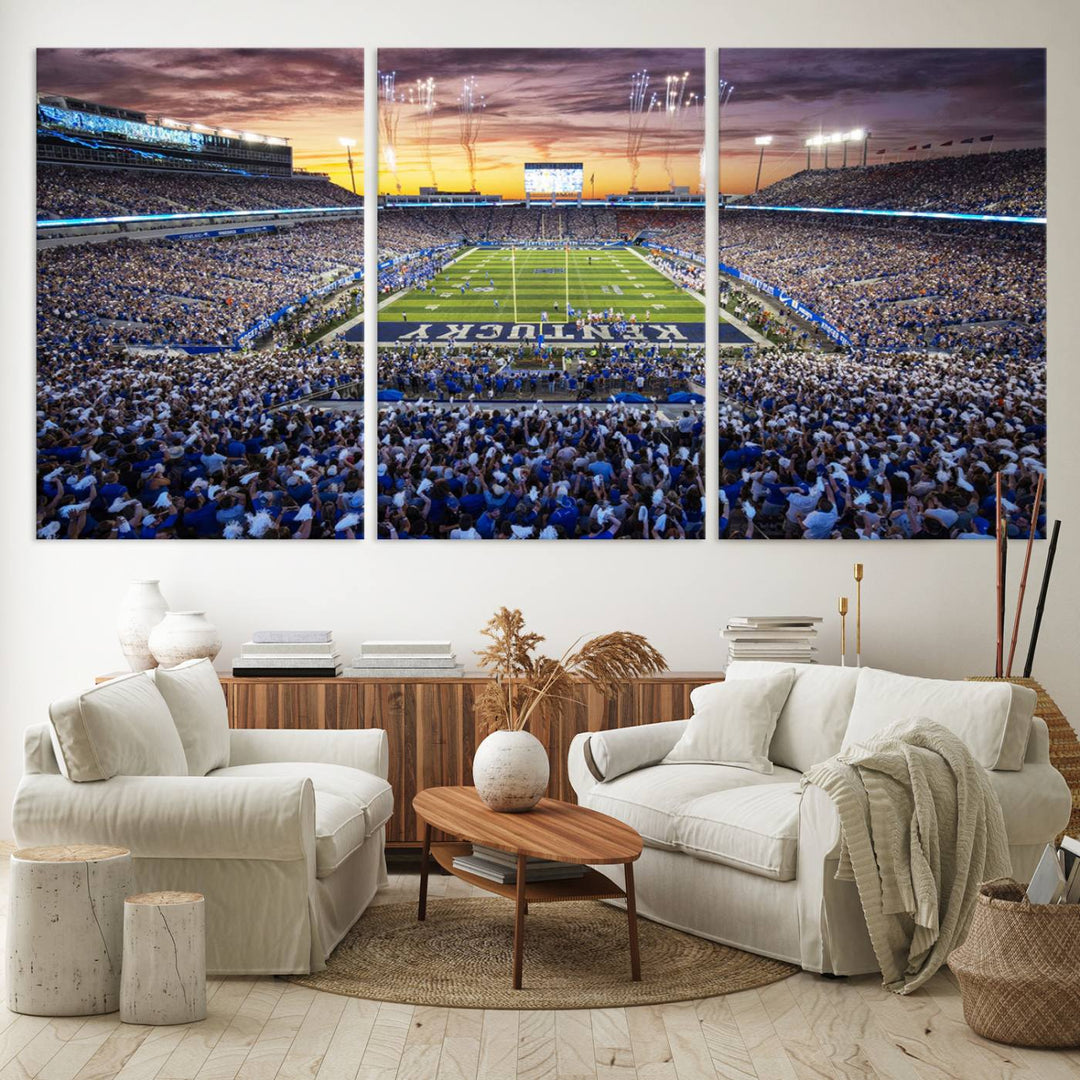 A Kroger Field Wall Art Print showcases Kentucky Stadium at sunset, perfect for Wildcats fans.