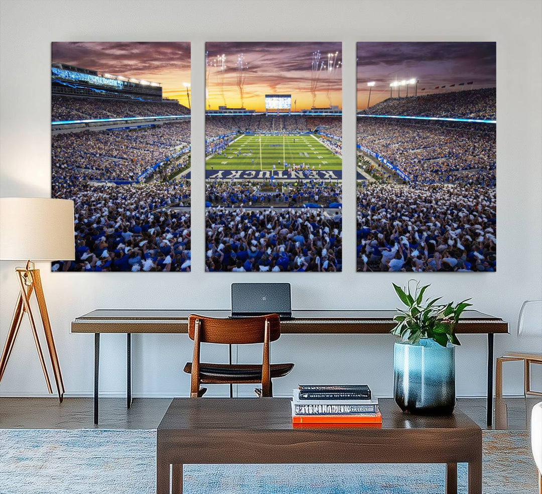 A Kroger Field Wall Art Print showcases Kentucky Stadium at sunset, perfect for Wildcats fans.