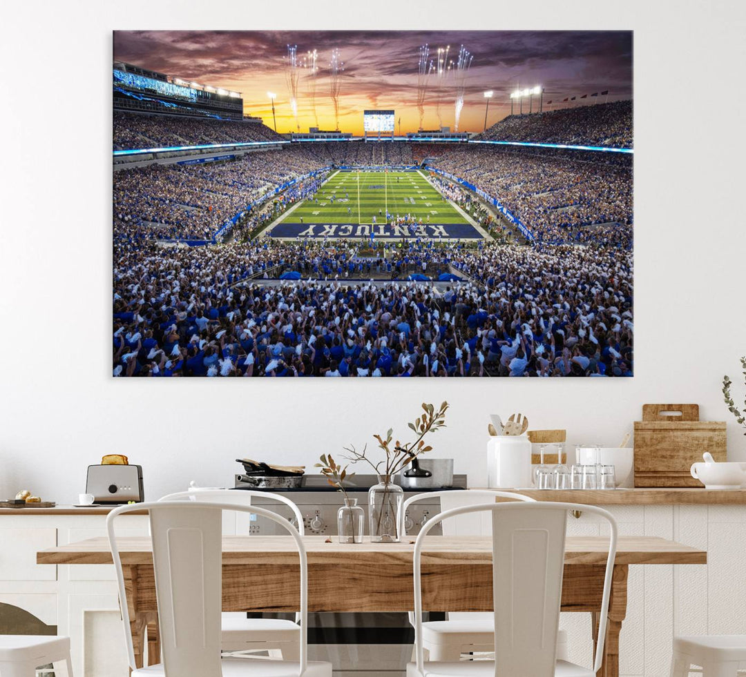 A Kroger Field Wall Art Print showcases Kentucky Stadium at sunset, perfect for Wildcats fans.