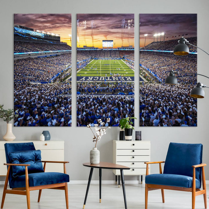 A Kroger Field Wall Art Print showcases Kentucky Stadium at sunset, perfect for Wildcats fans.