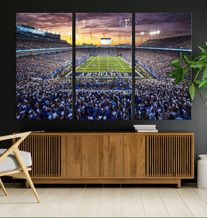 A Kroger Field Wall Art Print showcases Kentucky Stadium at sunset, perfect for Wildcats fans.