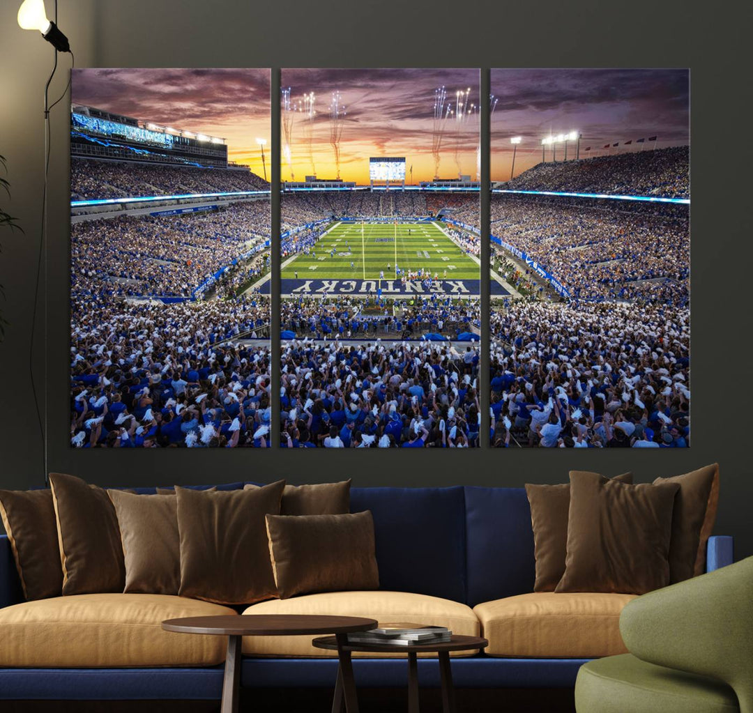 A Kroger Field Wall Art Print showcases Kentucky Stadium at sunset, perfect for Wildcats fans.