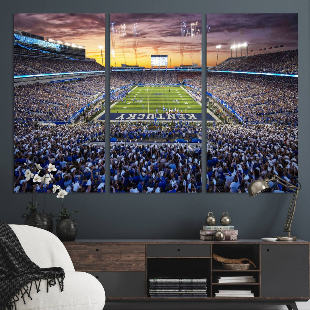 A Kroger Field Wall Art Print showcases Kentucky Stadium at sunset, perfect for Wildcats fans.