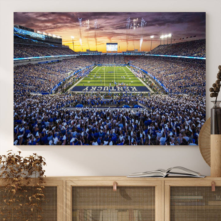 A Kroger Field Wall Art Print showcases Kentucky Stadium at sunset, perfect for Wildcats fans.