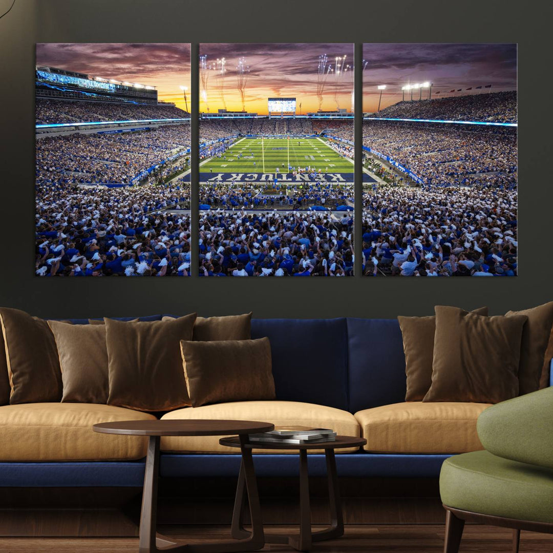 A Kroger Field Wall Art Print showcases Kentucky Stadium at sunset, perfect for Wildcats fans.