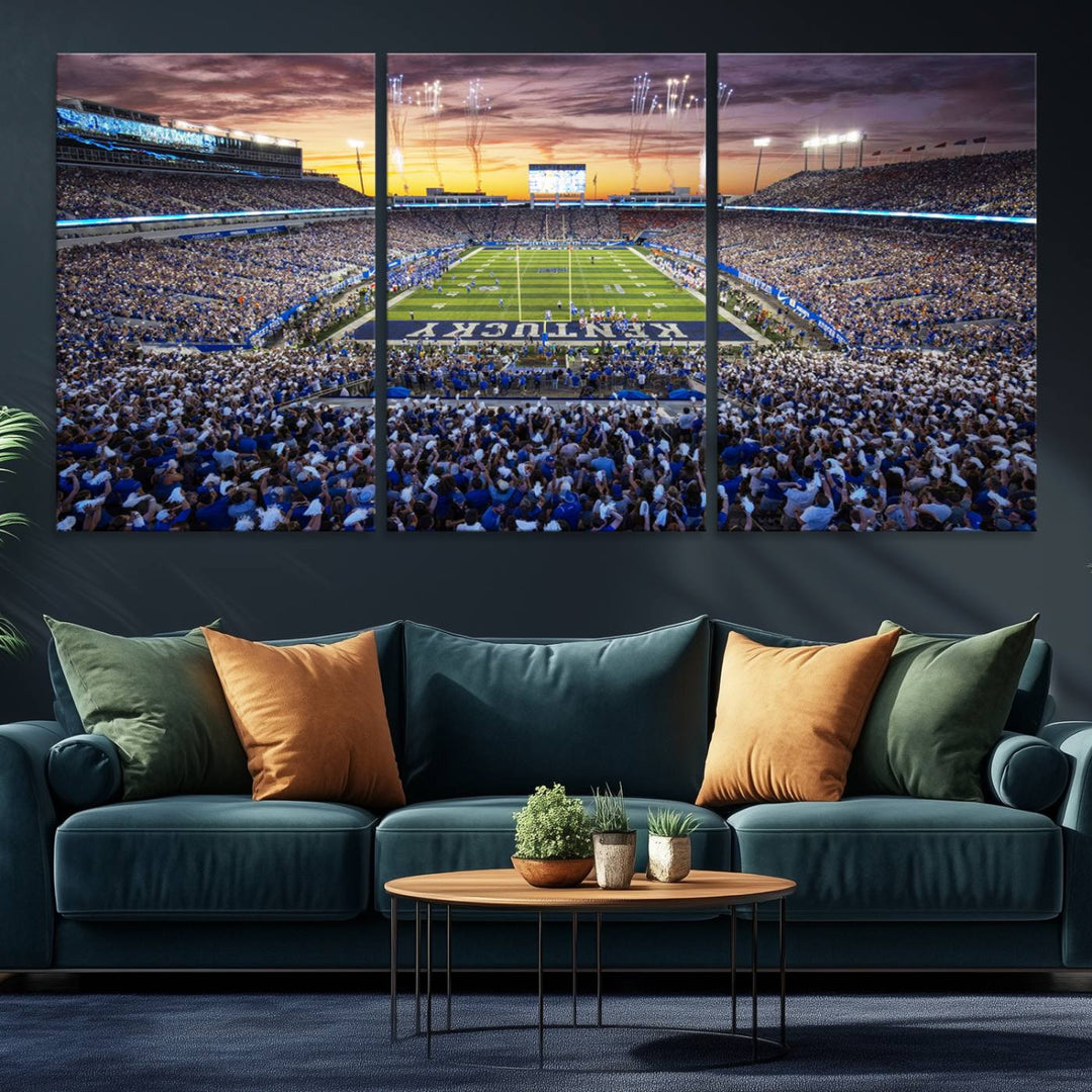 A Kroger Field Wall Art Print showcases Kentucky Stadium at sunset, perfect for Wildcats fans.