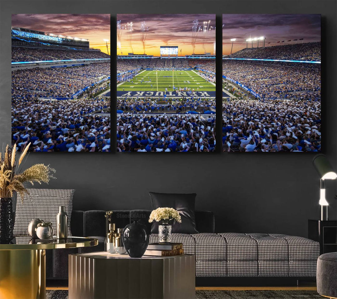 A Kroger Field Wall Art Print showcases Kentucky Stadium at sunset, perfect for Wildcats fans.