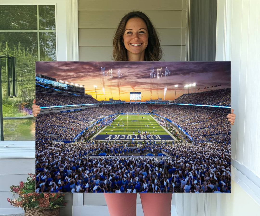 A Kroger Field Wall Art Print showcases Kentucky Stadium at sunset, perfect for Wildcats fans.