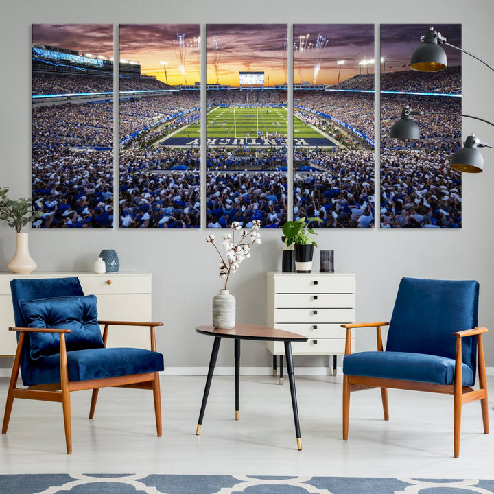 A Kroger Field Wall Art Print showcases Kentucky Stadium at sunset, perfect for Wildcats fans.