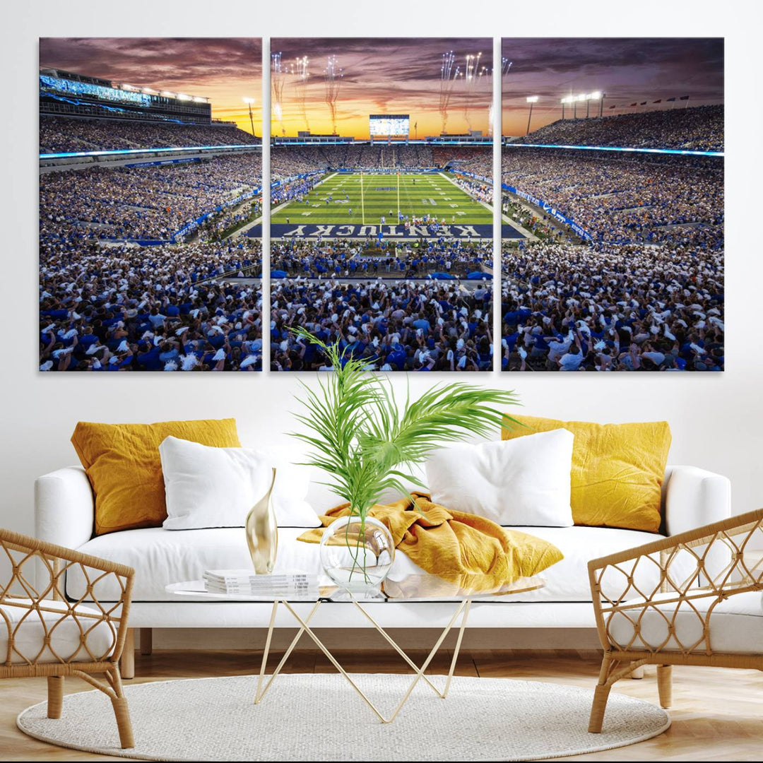 A Kroger Field Wall Art Print showcases Kentucky Stadium at sunset, perfect for Wildcats fans.