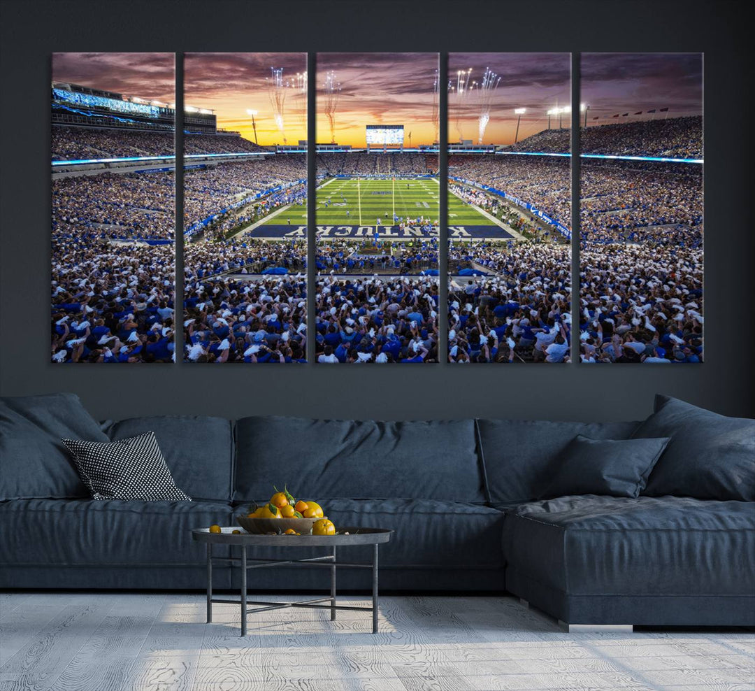 A Kroger Field Wall Art Print showcases Kentucky Stadium at sunset, perfect for Wildcats fans.